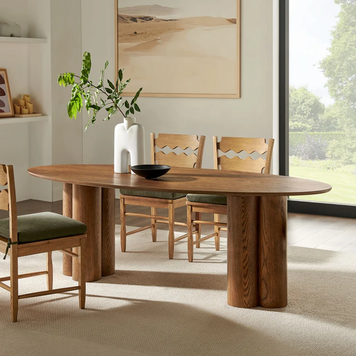 Renwick 79 Inch Oak Veneer Oval Pedestal Dining Table in Walnut