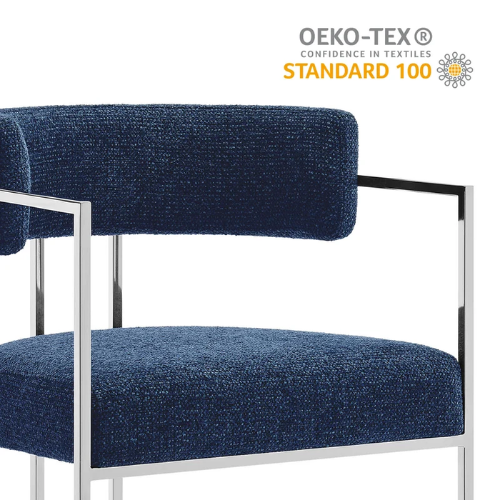 Huron Curved Back Fabric and Metal Dining Accent Chair in Silver Navy