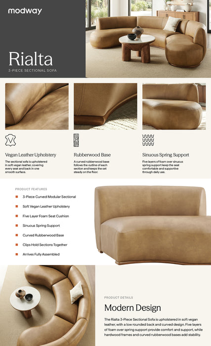 Rialta 3 Piece Curved Vegan Leather Sectional Sofa in Toast