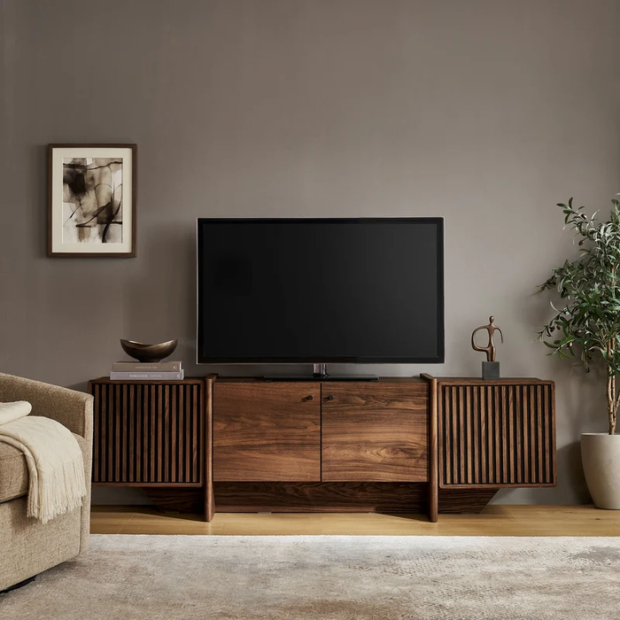 Yarrow 77 Inch Fluted Four Door TV Stand in Walnut