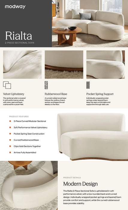 Rialta 2 Piece Curved Performance Velvet Sectional Sofa in Alabaster