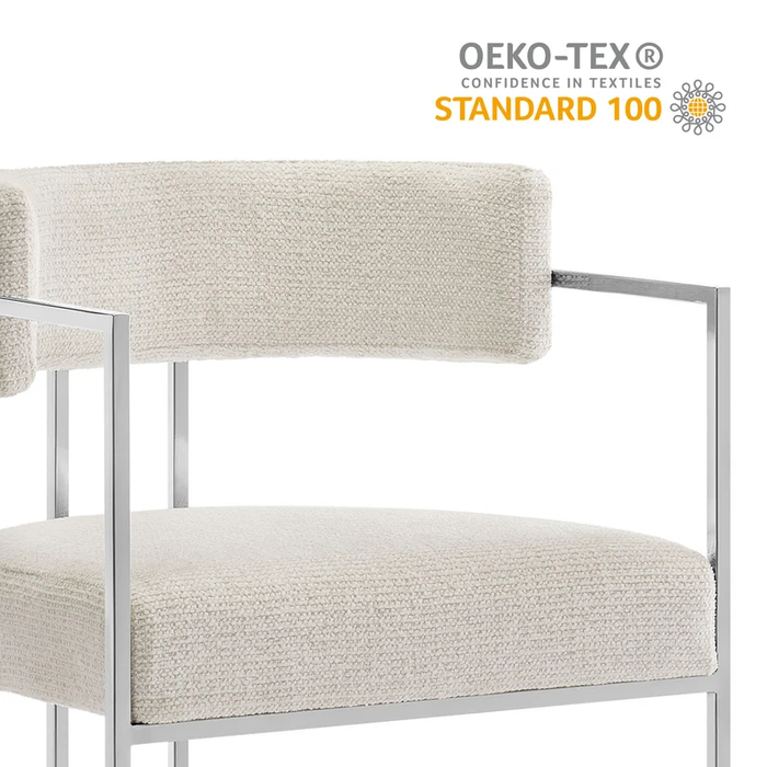 Huron Curved Back Fabric and Metal Dining Accent Chair in Silver Cream