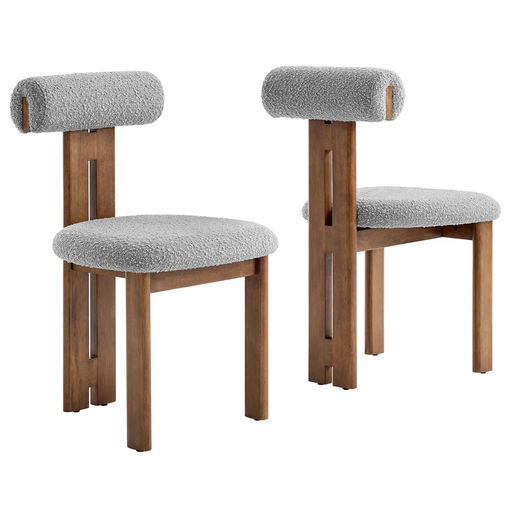 Torian Boucle Fabric Dining Chair Set of 2 in Walnut Light Gray