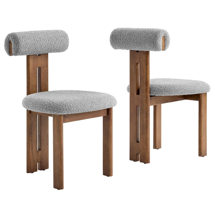 Torian Boucle Fabric Dining Chair Set of 2 in Walnut Light Gray