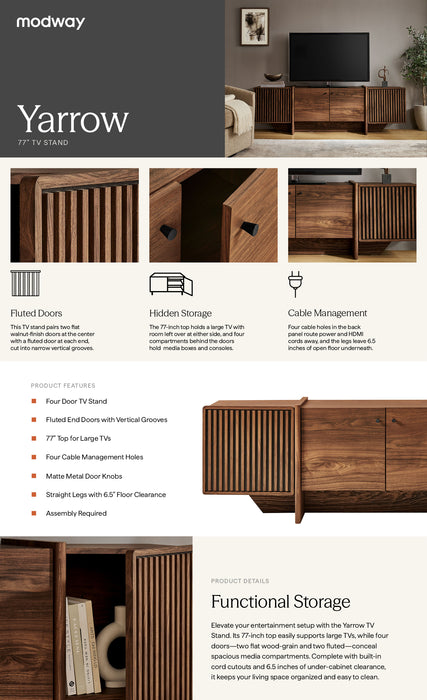 Yarrow 77 Inch Fluted Four Door TV Stand in Walnut