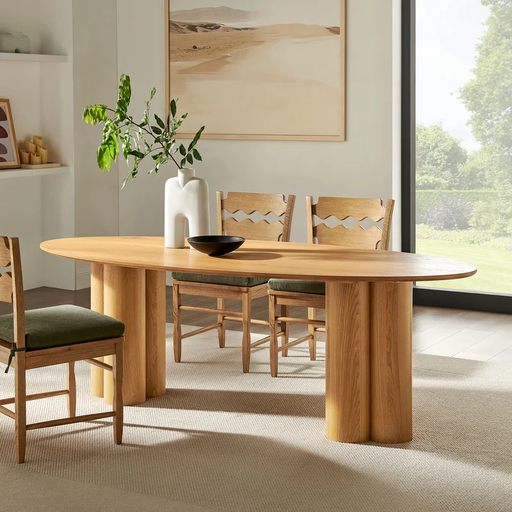 Renwick 79 Inch Oak Veneer Oval Pedestal Dining Table in Oak