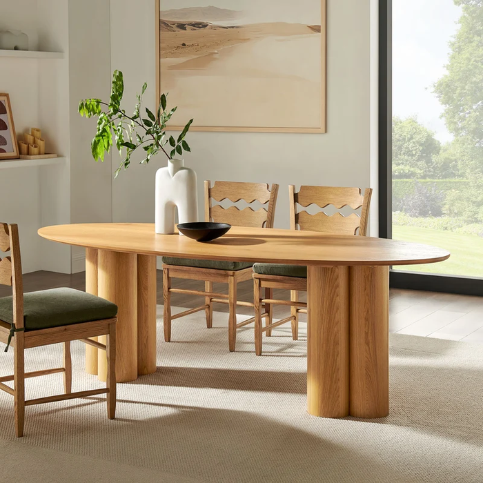 Renwick 79 Inch Oak Veneer Oval Pedestal Dining Table in Oak