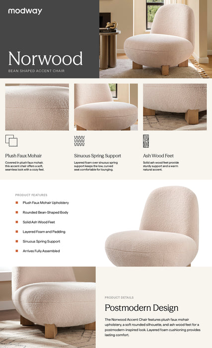 Norwood Faux Mohair Bean Shaped Accent Chair in Petal