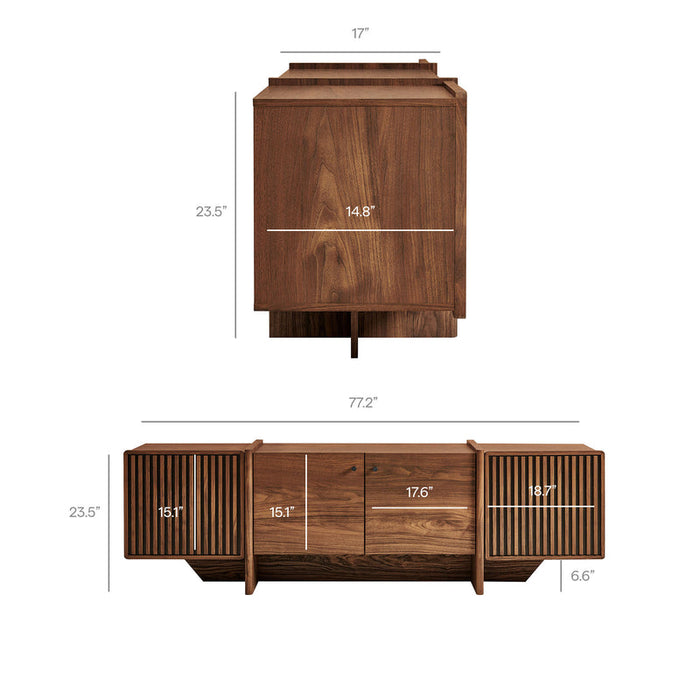 Yarrow 77 Inch Fluted Four Door TV Stand in Walnut