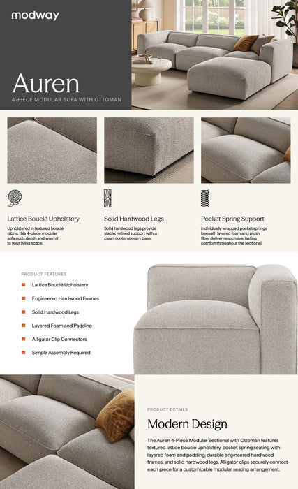 Auren 4 Piece Lattice Bouclé Upholstered Modular Sofa with Ottoman in Cream