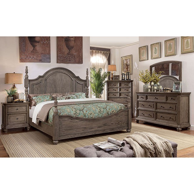 Gray bedroom set including dresser, night stands, and chest